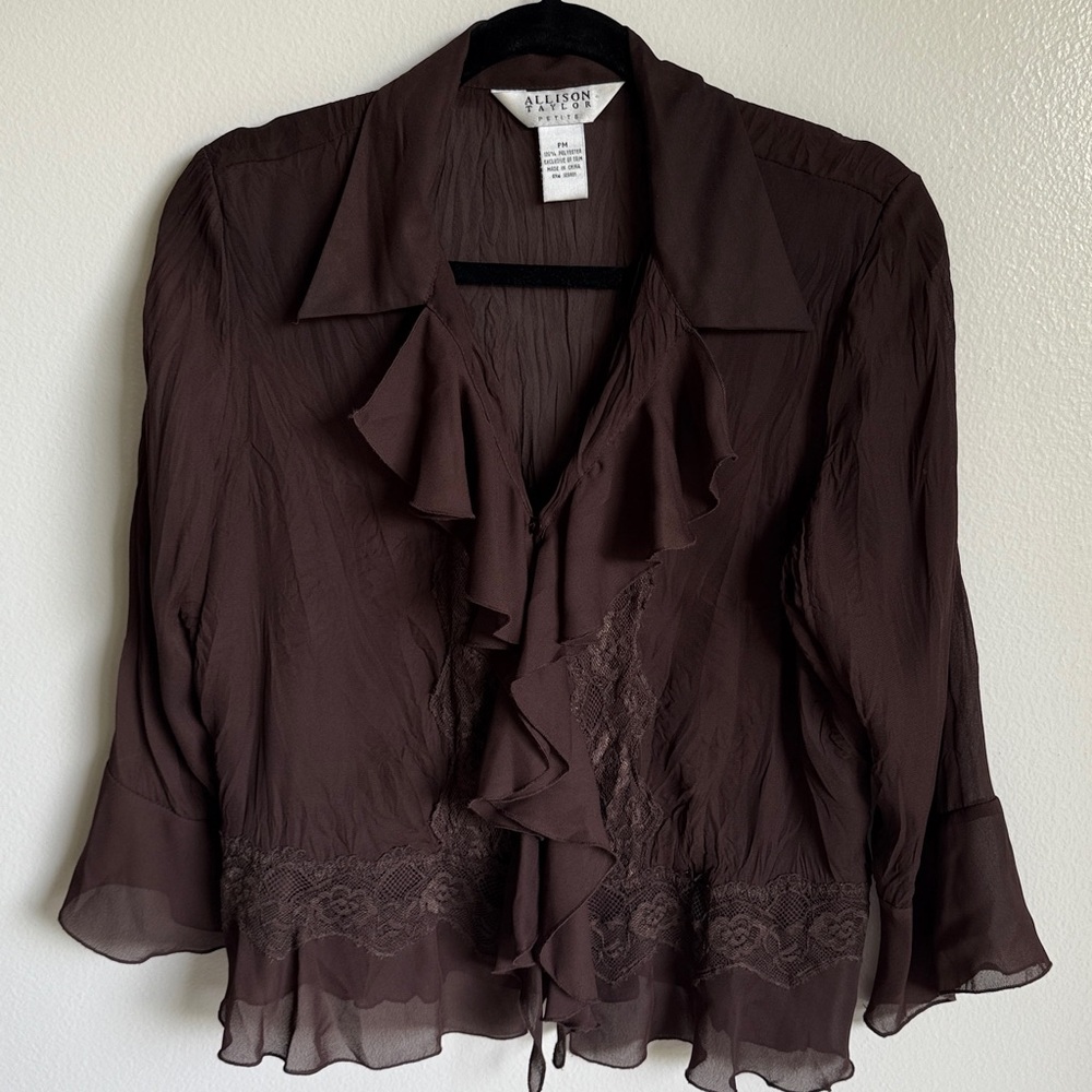Allison Taylor Vintage Dark Brown Ruffle Long Sleeve Top Blouse Petite Medium